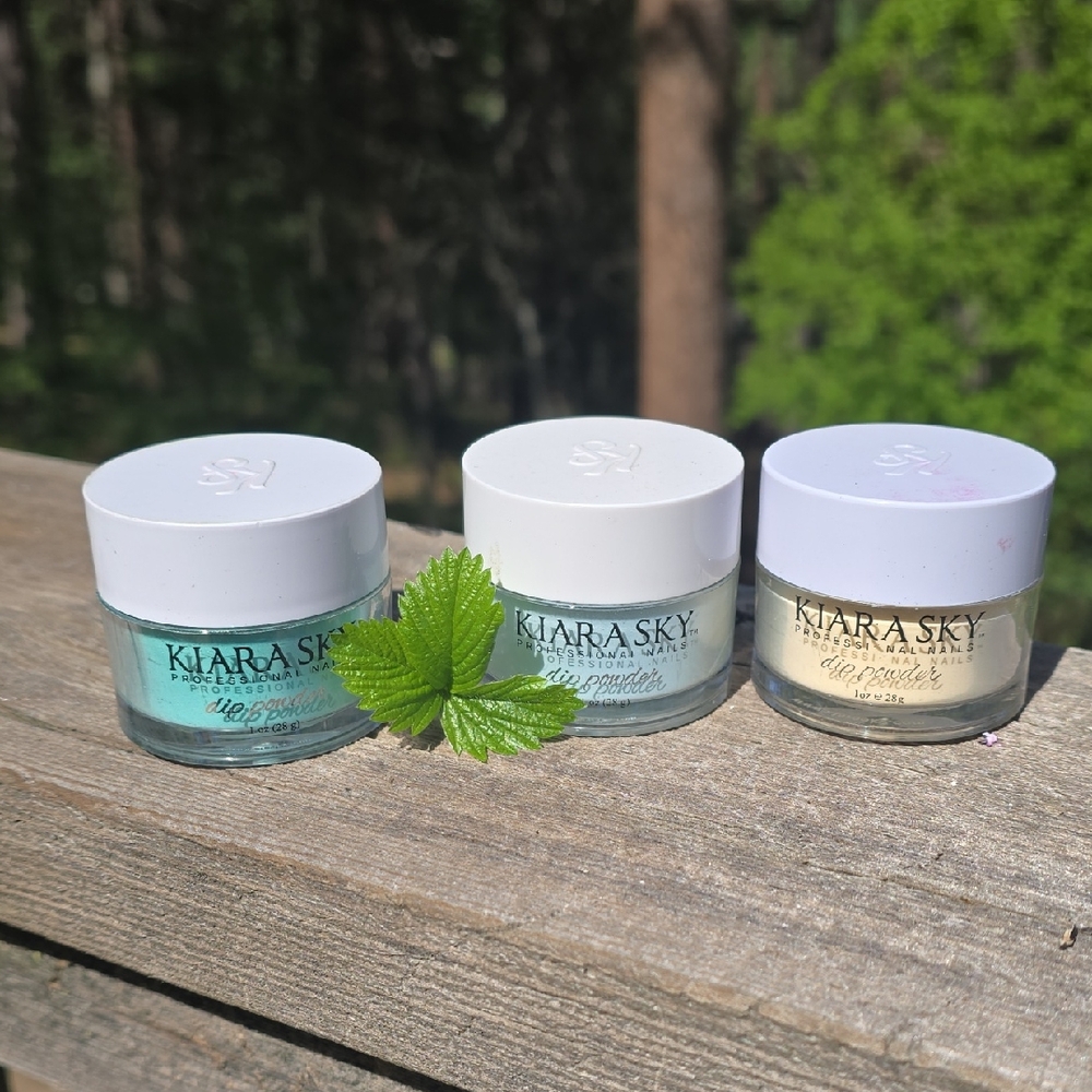 Kiara Sky Trio Nail Dip Powder Jars in Green, Blue, and Pale Yellow